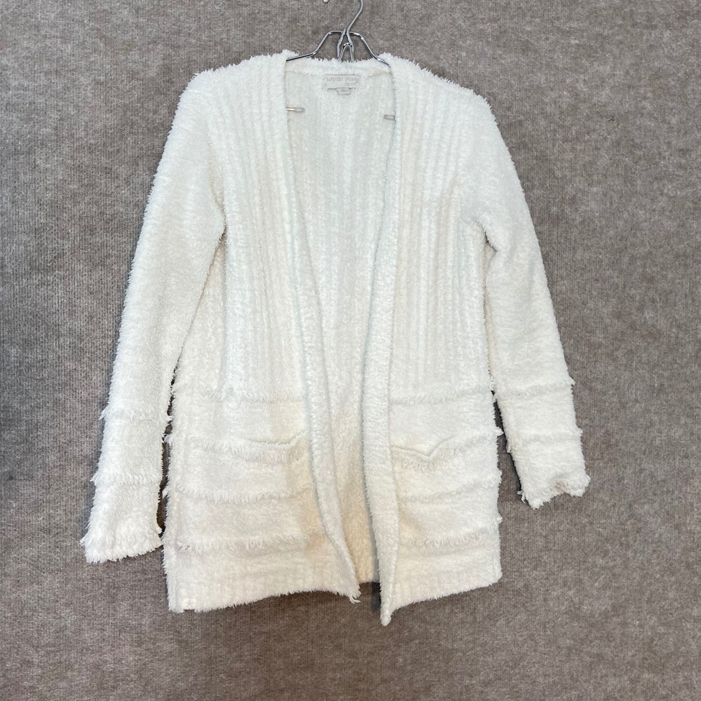 Barefoot Dreams CozyChic Cardigan Women XS White Fringe Open Front Loungewear
